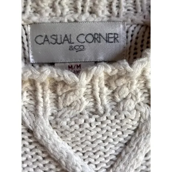 Vintage M Cableknit Sweater Coastal 90’s Cotton Bobble Fringe Cottage Fisherman - Picture 5 of 5